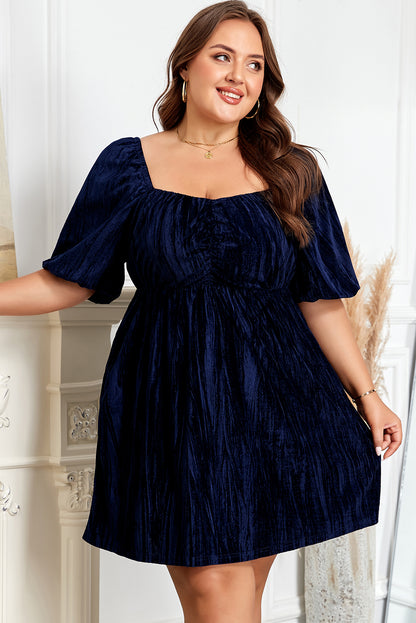 Plus Size Velvet Ruched Square Neck Puff Sleeve Dress - Plus Size XL-4XL - View 4