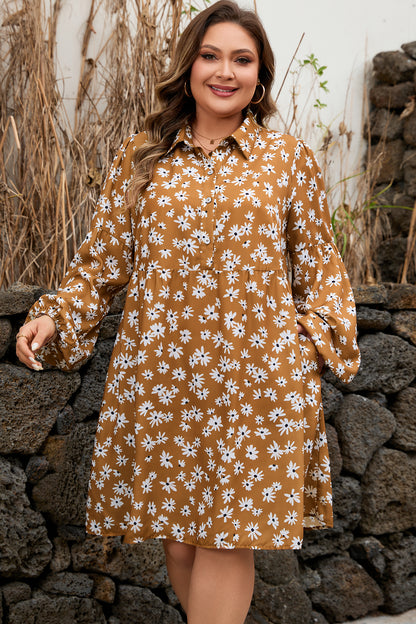 Plus Size Daisy Floral Split Neck Puff Sleeve Dress - Plus Size XL-4XL - View 1