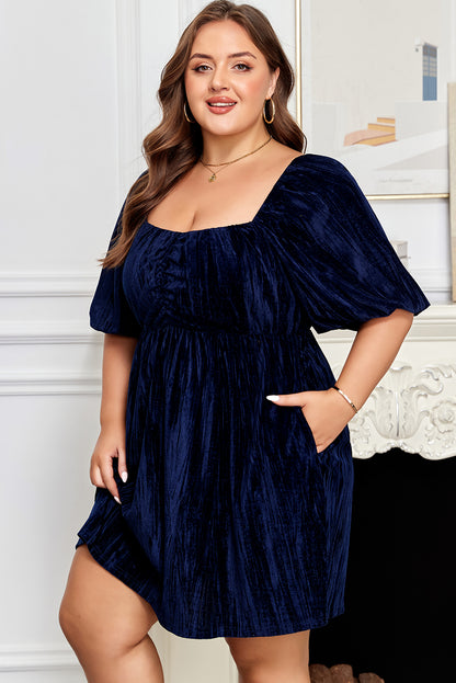 Plus Size Velvet Ruched Square Neck Puff Sleeve Dress - Plus Size XL-4XL - View 3