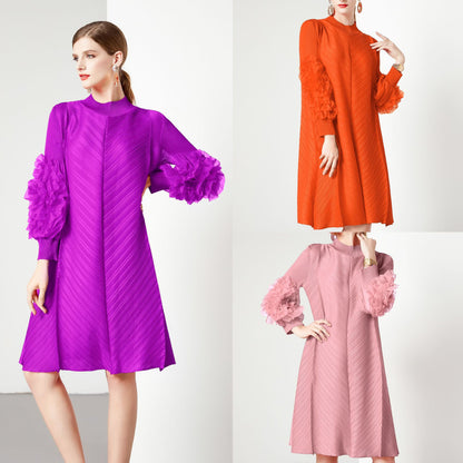 Elegant High-Quality Maternity Elastic Plus-Size Stand-Up Collar Knee-Length Heavyweight Pleated Dress for Women - Plus Size Clothing