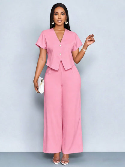 Plus Size V-Neck Cardigan Wide Leg Pants Two-Piece Set