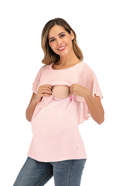 New women's top, T-shirt, maternity wear, summer European and American chiffon patchwork breastfeeding shirt, short sleeved - Plus Size Clothing
