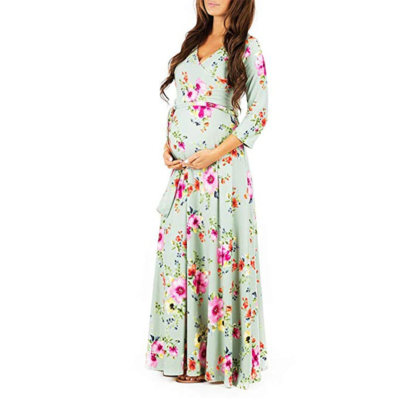 Cross deep V-neck waistband, waist cinched, 3/4 sleeves, floor mopping maternity dress, long dress - Plus Size Clothing