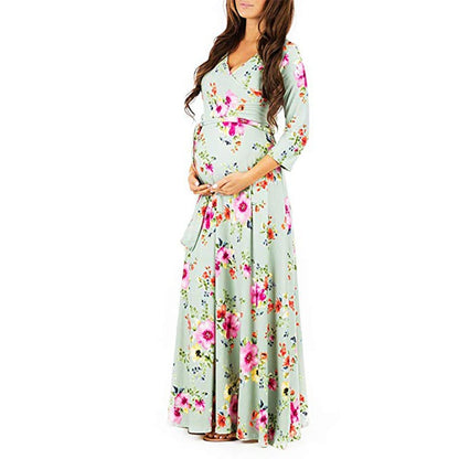Cross deep V-neck waistband, waist cinched, 3/4 sleeves, floor mopping maternity dress, long dress - Plus Size Clothing