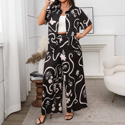 Plus Size Printed Loose Cardigan and Wide Leg Pants Set