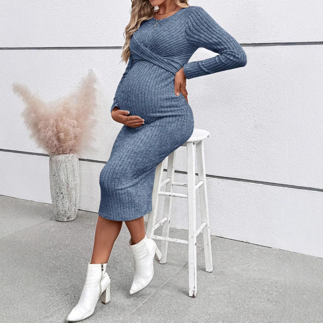 Plus Size Elegant Knot Maternity Dress Long Sleeve