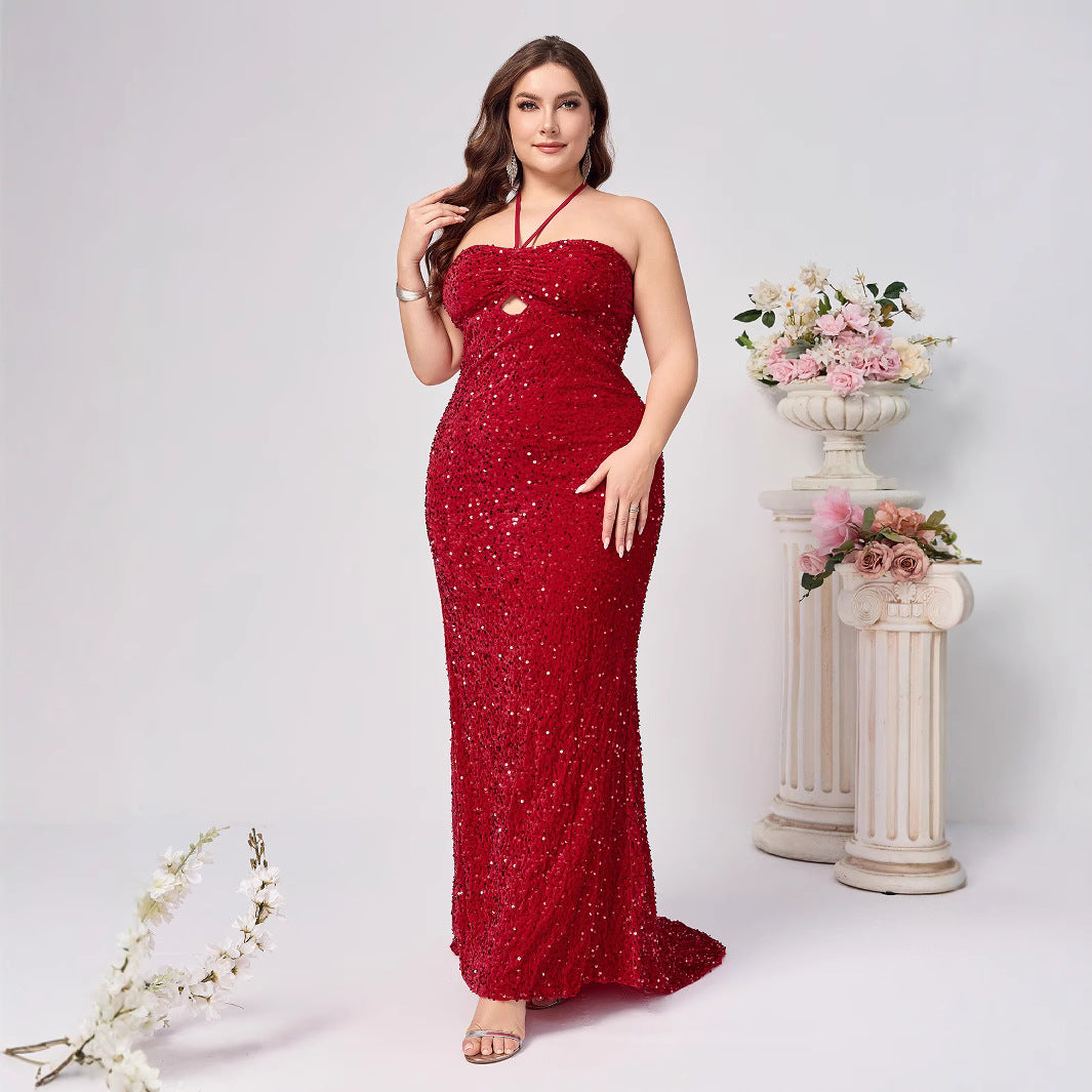 Plus Size Elegant Red Sequined Sleeveless Dress