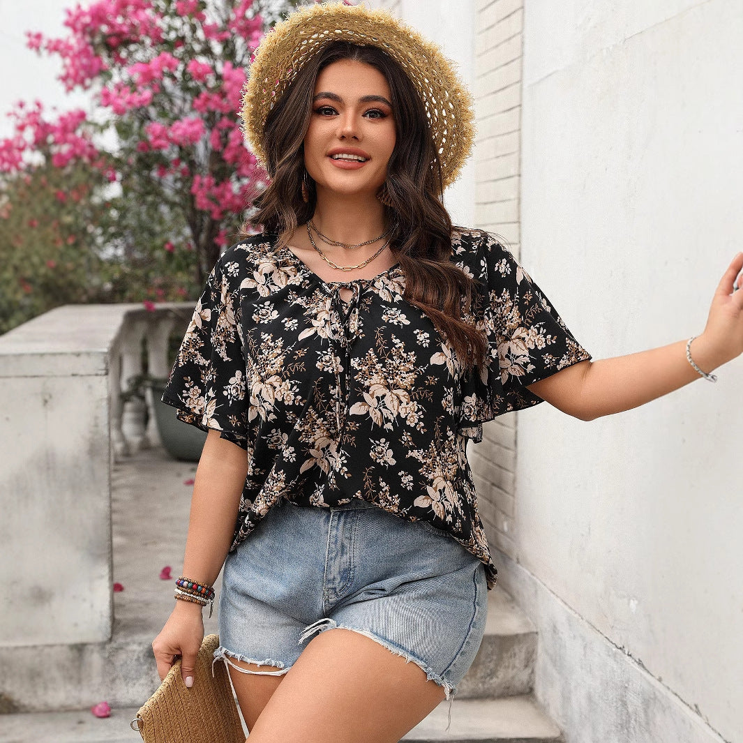Plus Size Geometric Printed Loose Crew Neck Top