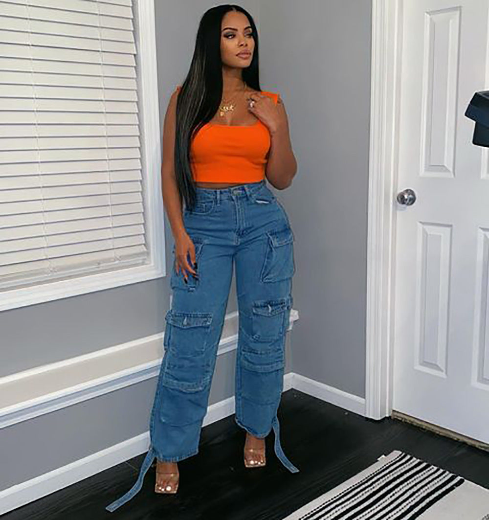 Plus Size Denim Cargo Pants with Multi-Pocket