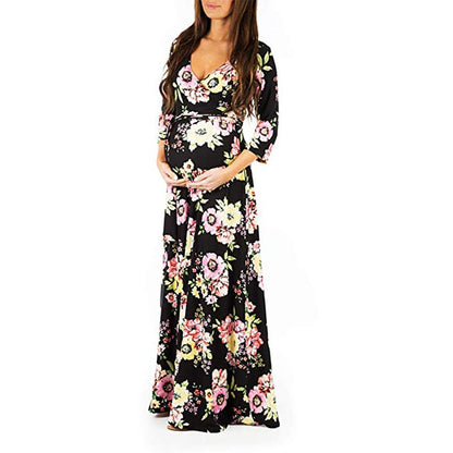 Cross deep V-neck waistband, waist cinched, 3/4 sleeves, floor mopping maternity dress, long dress - Plus Size Clothing