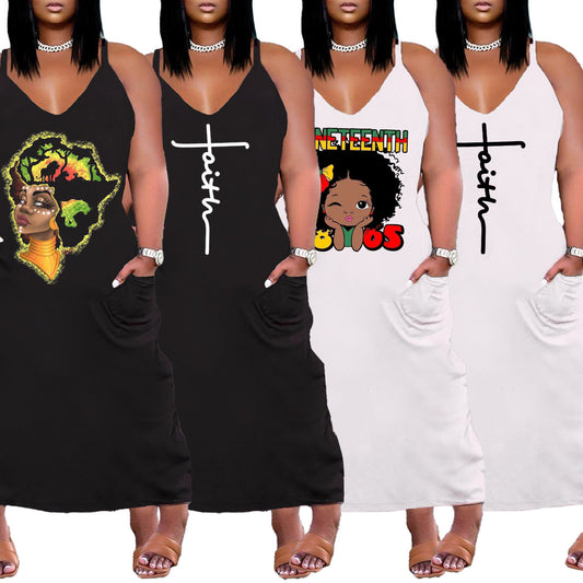 Plus Size Printed Loose Suspender Dress Outfit
