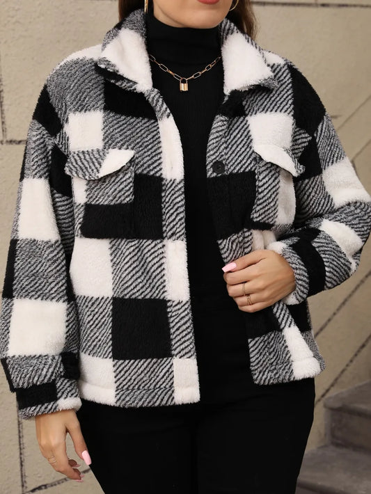 Plus Size Pocketed Plaid Collared Jacket