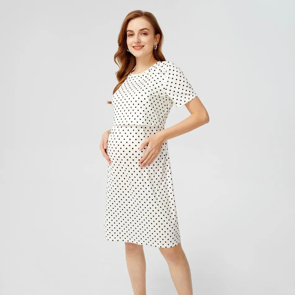 Plus Size Polka Dot Round Neck Short Sleeve Nursing Dress