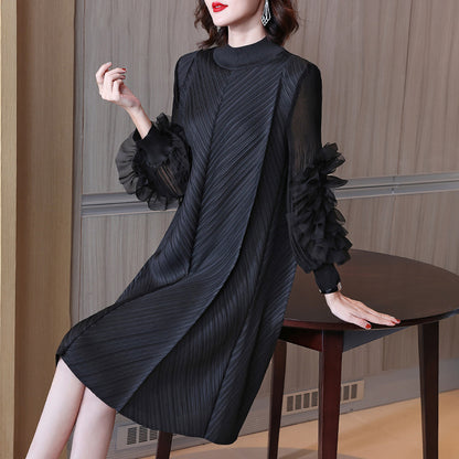 Elegant High-Quality Maternity Elastic Plus-Size Stand-Up Collar Knee-Length Heavyweight Pleated Dress for Women - Plus Size Clothing