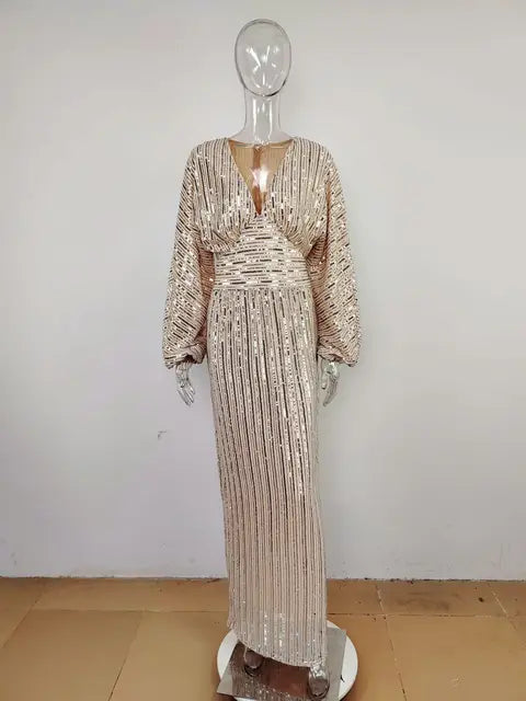 Plus Size Elegant Sequin Evening Dress Long Sleeve