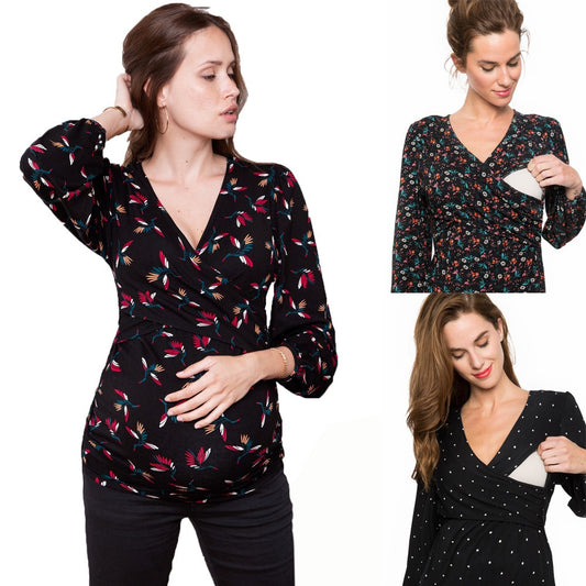 Plus Size Maternity Deep V-Neck Long Sleeve Breastfeeding Top