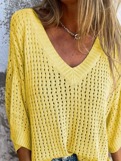 Plus Size Openwork V-Neck Knit Cover Up - Plus Size Clothing
