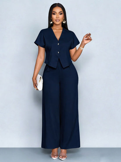 Plus Size V-Neck Cardigan Wide Leg Pants Two-Piece Set