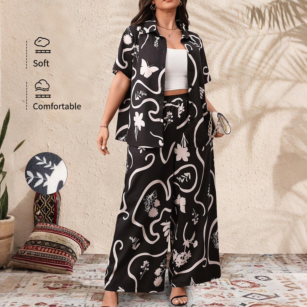 Plus Size Printed Loose Cardigan and Wide Leg Pants Set