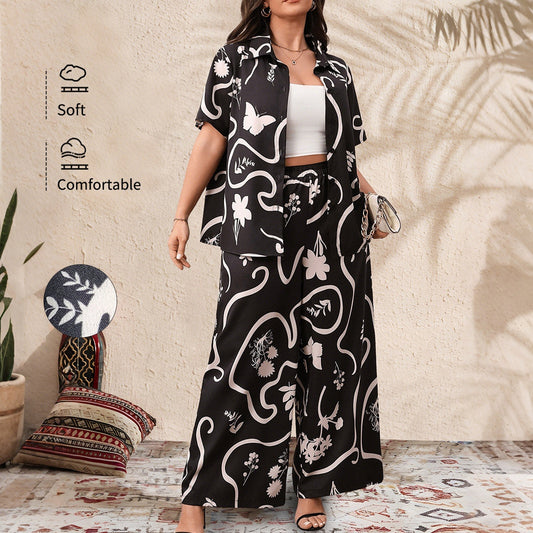 Plus Size Printed Loose Cardigan and Wide Leg Pants Set