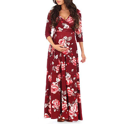 Cross deep V-neck waistband, waist cinched, 3/4 sleeves, floor mopping maternity dress, long dress - Plus Size Clothing