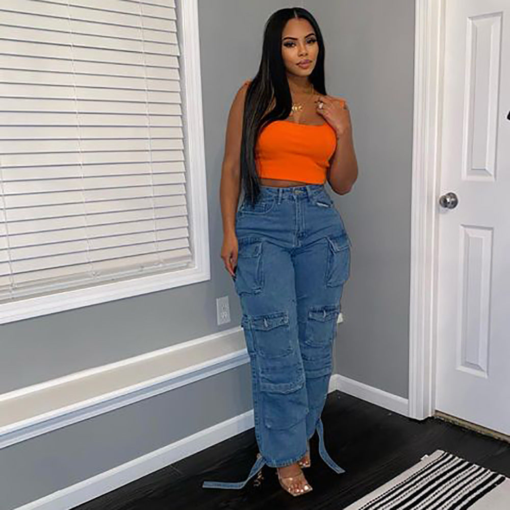 Plus Size Denim Cargo Pants with Multi-Pocket