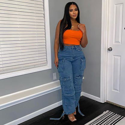 Plus Size Denim Cargo Pants with Multi-Pocket — front view