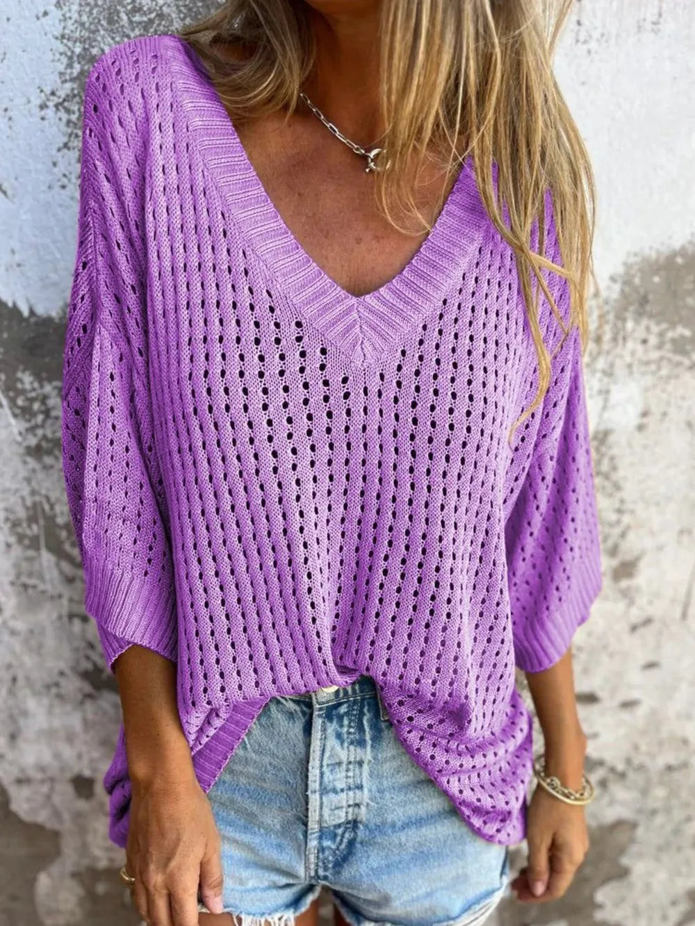 Plus Size Openwork V-Neck Knit Cover Up