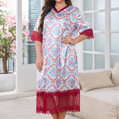 Plus Size Summer Long Nightgown V-Neck — back view