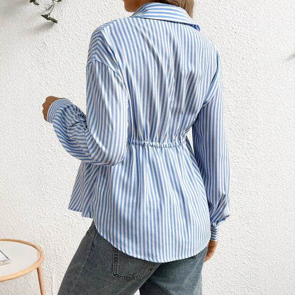 maternity clothing striped flip collar shirt long sleeve fitted waist mid-length blouse - Plus Size Clothing