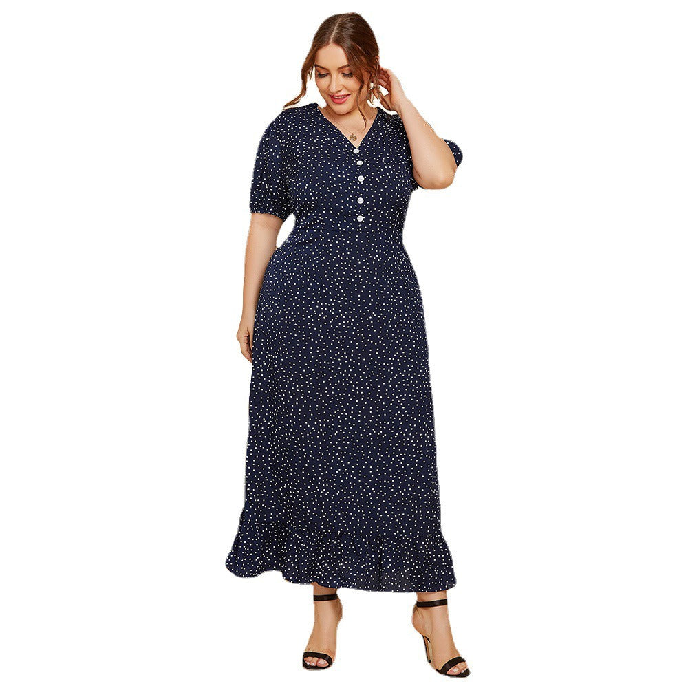 Large Size Women Summer Polka Dot Fashion Short Sleeved Plus Fat Long Fashion Dress JR052 - Plus Size Clothing