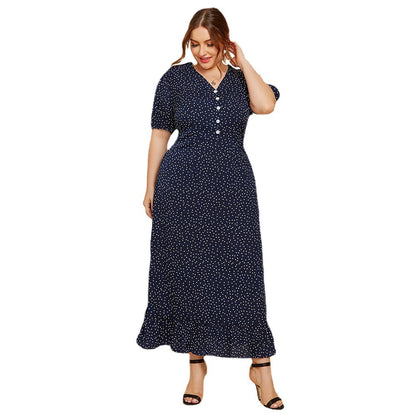 Large Size Women Summer Polka Dot Fashion Short Sleeved Plus Fat Long Fashion Dress JR052 - Plus Size Clothing