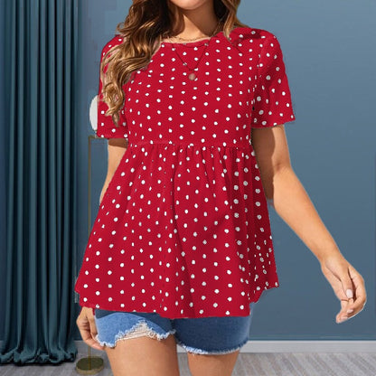 Fashionable and comfortable polka dot short sleeved round neck maternity shirt - Plus Size Clothing