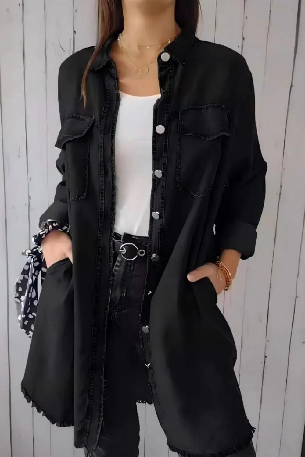 Plus Size Raw Hem Button Up Long Sleeve Denim Top