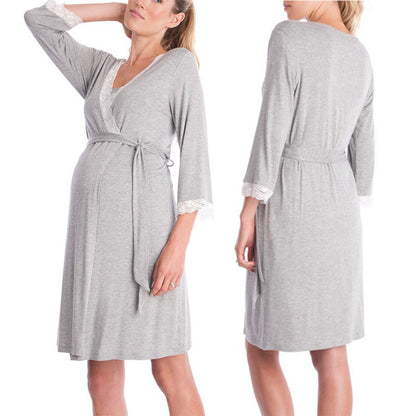 Fashion Ruffled Three-Quarter Sleeve Maternity Dress Robe Nightwear - Plus Size Clothing