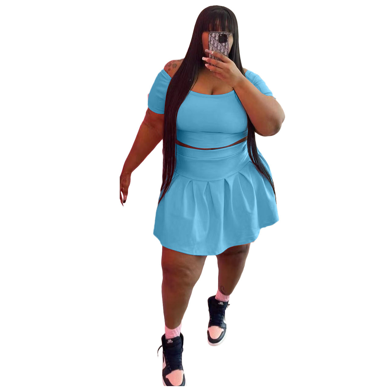 Plus Size Pleated Skirt Two Piece Set