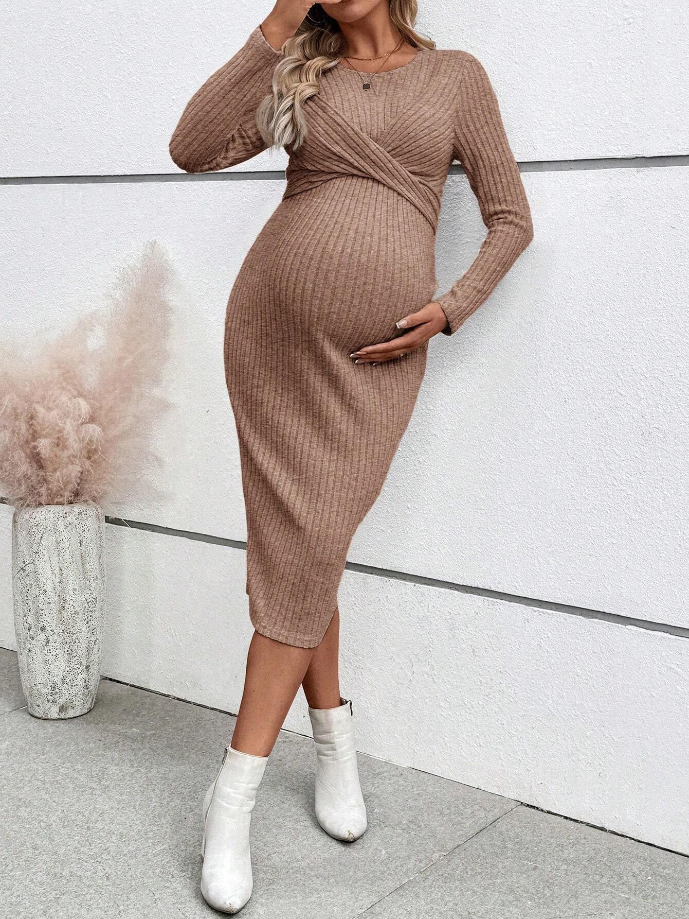 Plus Size Elegant Knot Maternity Dress Long Sleeve