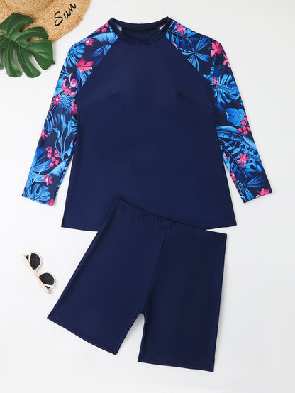 Plus Size Two-Piece Tankini Long Sleeve Swimwear - Plus Size Clothing