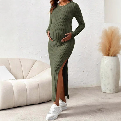 Maternity Dress with Round Neck Long Sleeve High Slit - Plus Size Clothing