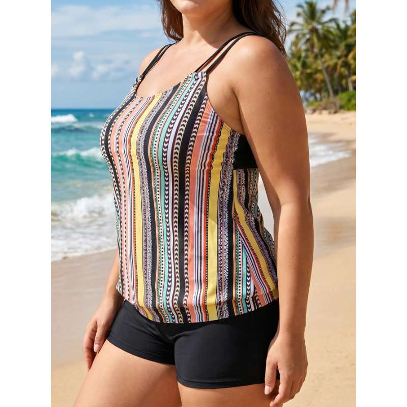 Striped Tankini Split Flat Angle Pants Two Piece Swimsuit