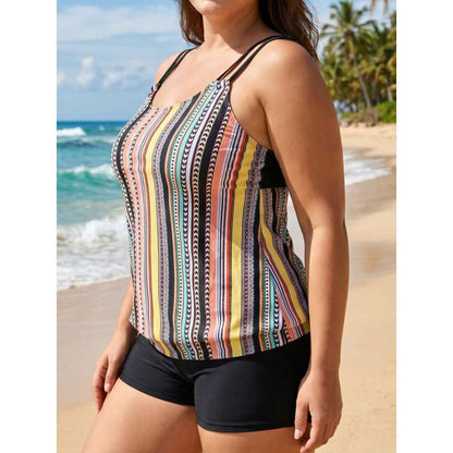 Plus Size Striped Tankini Two Piece Swimsuit - Plus Size Clothing