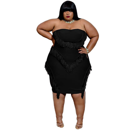 Plus Size Sexy Black Tube Top Fringed Strapless Dress - Plus Size Clothing
