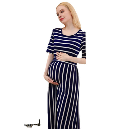 New fashionable European and American maternity striped round neck breastfeeding dress - Plus Size Clothing