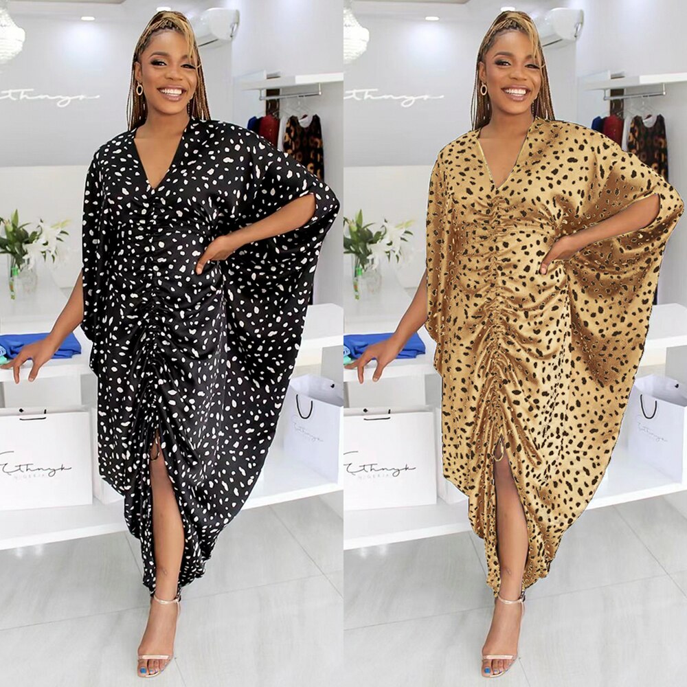 Plus Size Autumn Leopard V-Neck Drawstring Dress