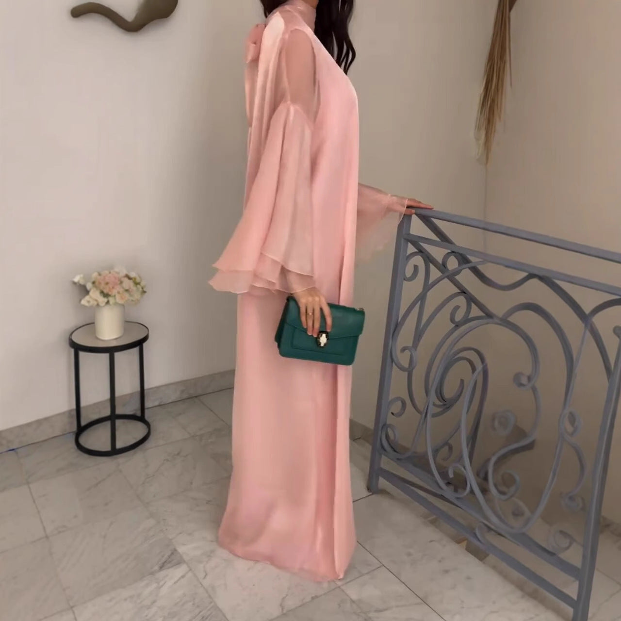 Plus Size Elegant Stand Collar Flare Sleeve Long Dress