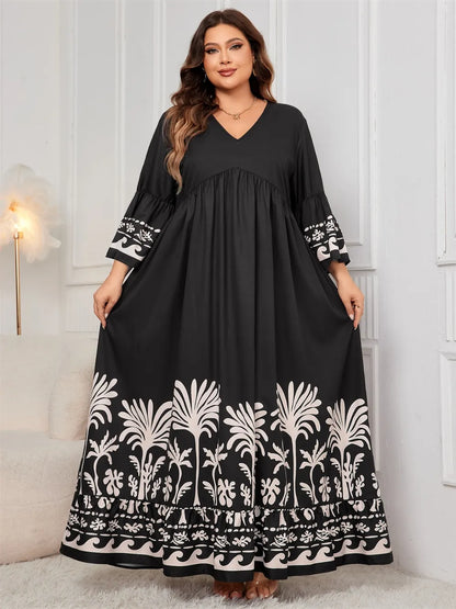 Plus Size Printed V-Neck Long Sleeve Maxi Dress - Plus Size Clothing