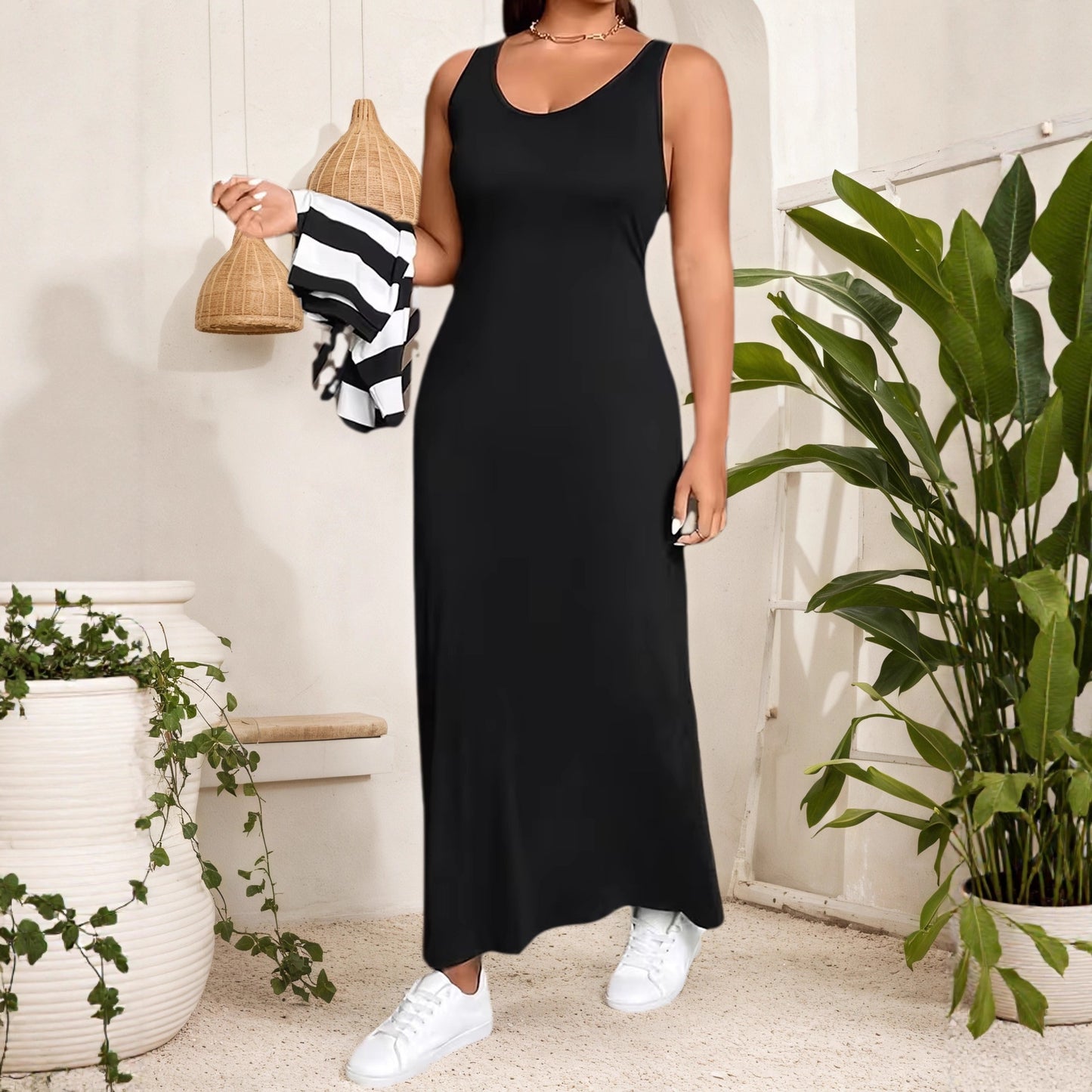 Plus Size Elegant Long Dress Set Striped