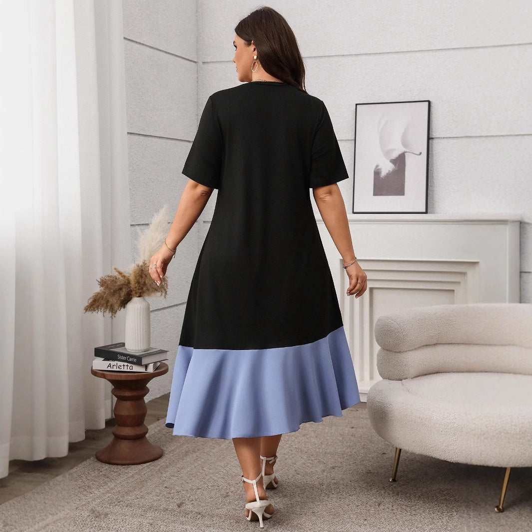 Plus Size Color Block A-Line Dress with Three-Quarter Sleeves