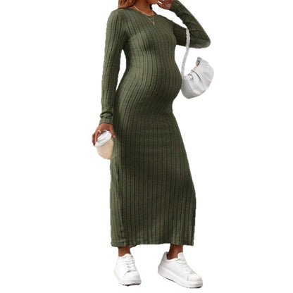 Maternity Dress with Round Neck Long Sleeve High Slit - Plus Size Clothing