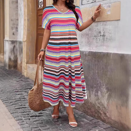 Plus Size Romantic A-Line Printed Long Dress - Plus Size Clothing